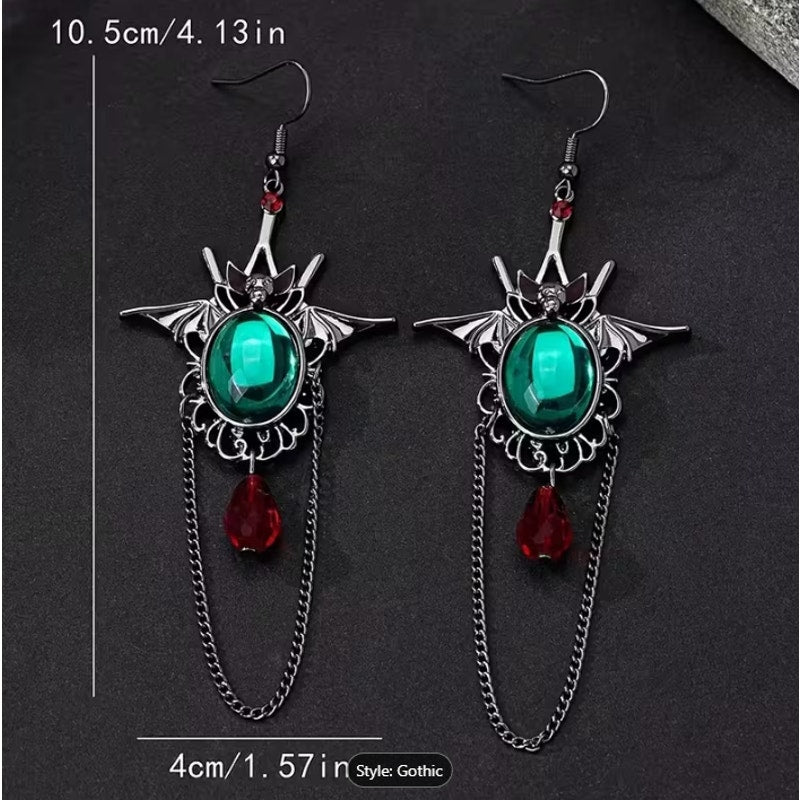 Gothic Bat Dangle Earrings Green Gem Red Drop Chain Halloween Vampire Jewelry