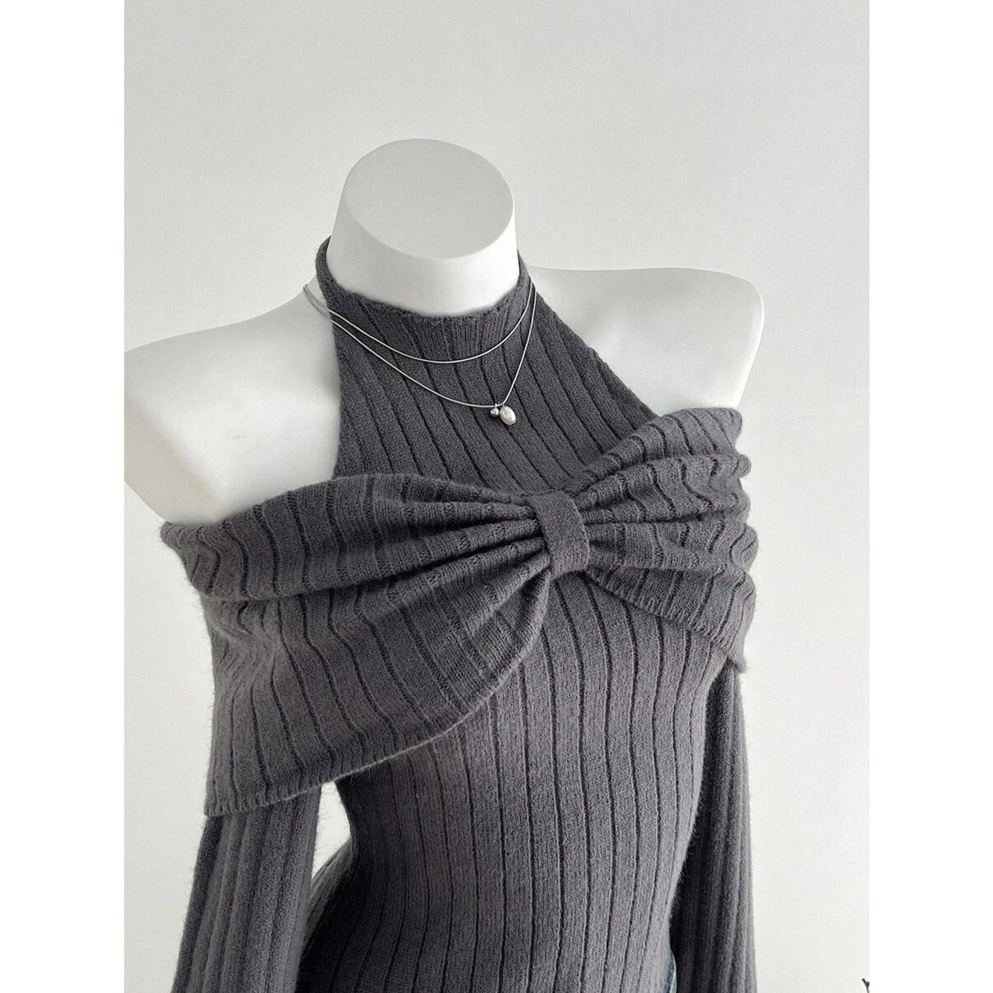 Women’s Ribbed Knit Halter Off-Shoulder Sweater Top w/ Bow Detail
