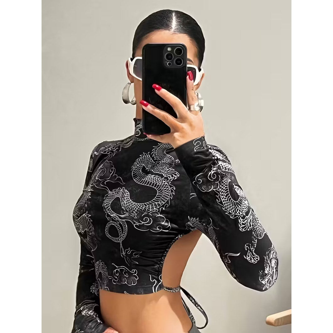 Women’s Black Dragon Oriental Print Chic Streetwear Cutout Crop Top