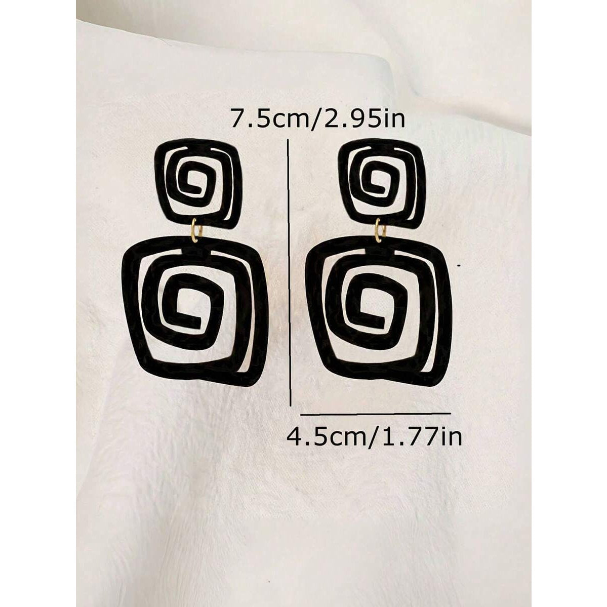 Black Geometric Spiral Drop Earring Bold Statement Square Dangle Fashion Jewelry
