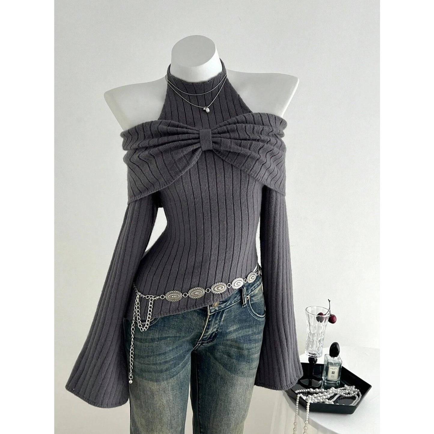 Women’s Ribbed Knit Halter Off-Shoulder Sweater Top w/ Bow Detail
