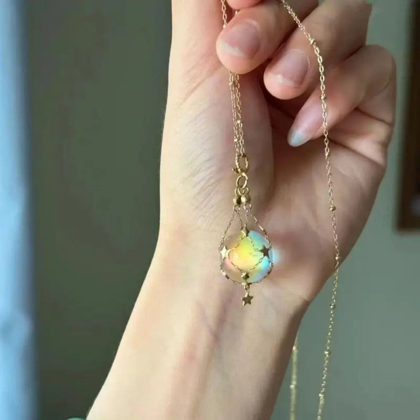 Galaxy Opal Orb Pendant Necklace – Gold Celestial Chain with Star Accents