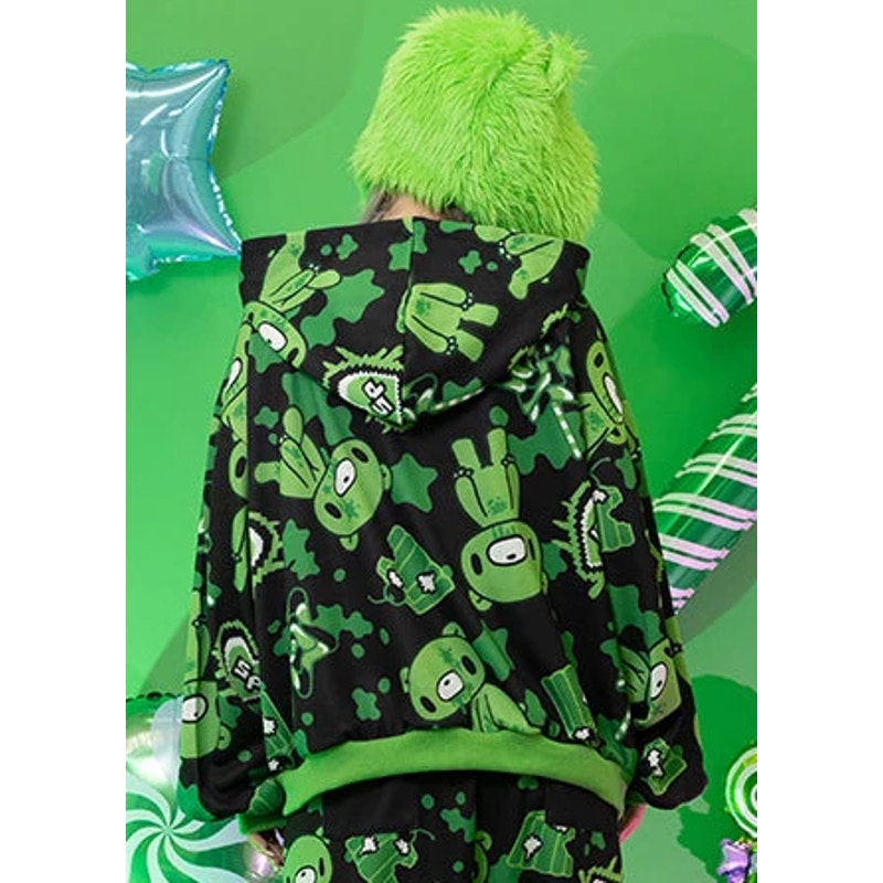 Mori Chack Gloomy Bear Oversize Green & Black Street Wear Zip Up Hoodie XL