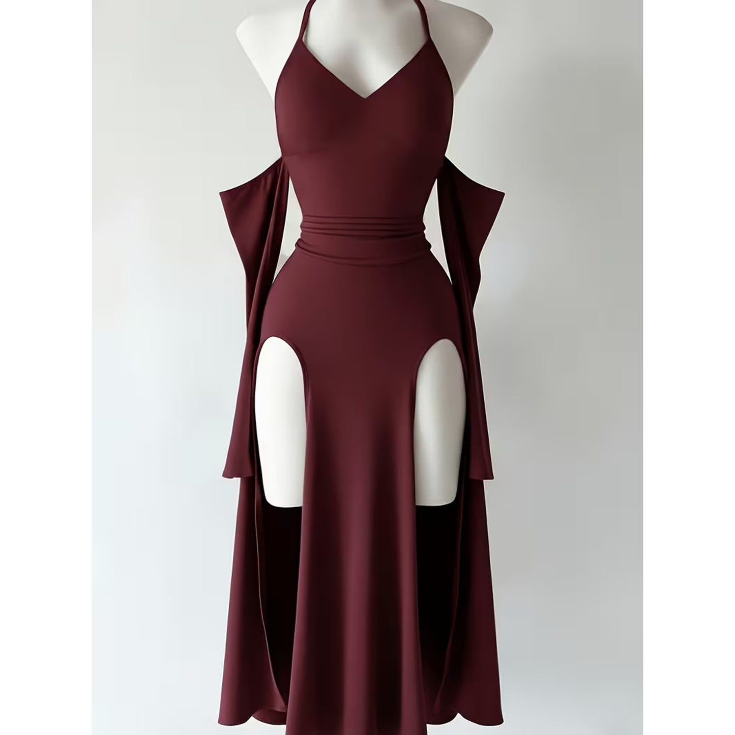 Dark Red Goth, Gothic Style Halter Cosplay Dress w/ High Slit & Cut-Out Design