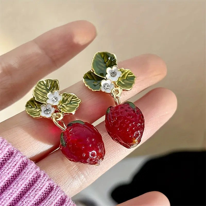 Strawberry Drop Earrings – Cute Enamel Fruit Earrings with Leaf