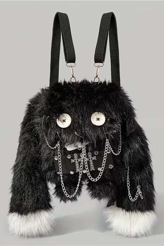 Goth Emo Punk Alt Black Fuzzy Rabbit Mini Backpack Crossbody Convertible Purse