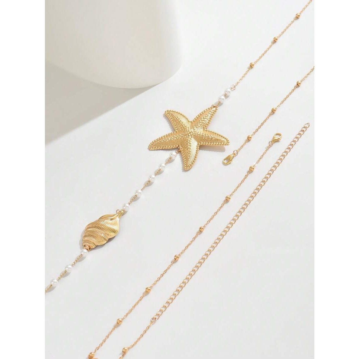 Gold Tone Starfish Seashell Pearl Body Chain Necklace Beach Jewelry