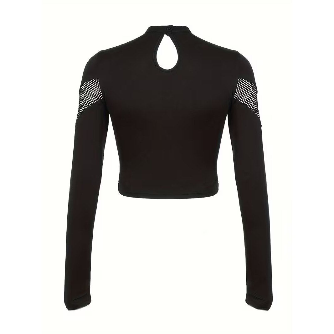 Gothic, Goth Emo Punk Rave Black Rivet Fishnet Mesh Long Sleeve Crop Top