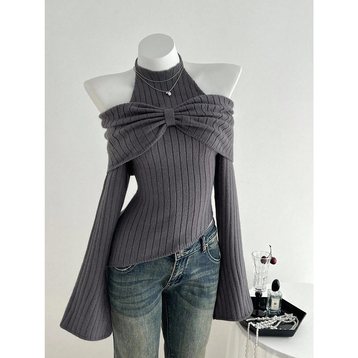 Women’s Ribbed Knit Halter Off-Shoulder Sweater Top w/ Bow Detail
