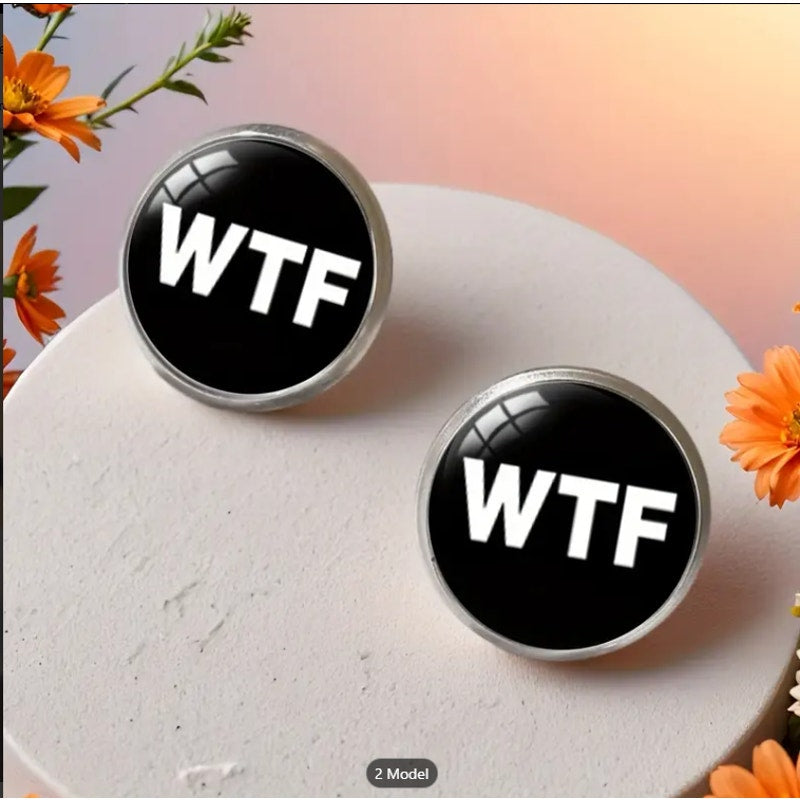 Funny WTF Statement Stud Earrings – Bold Round Acrylic Earrings – Black – Trendy