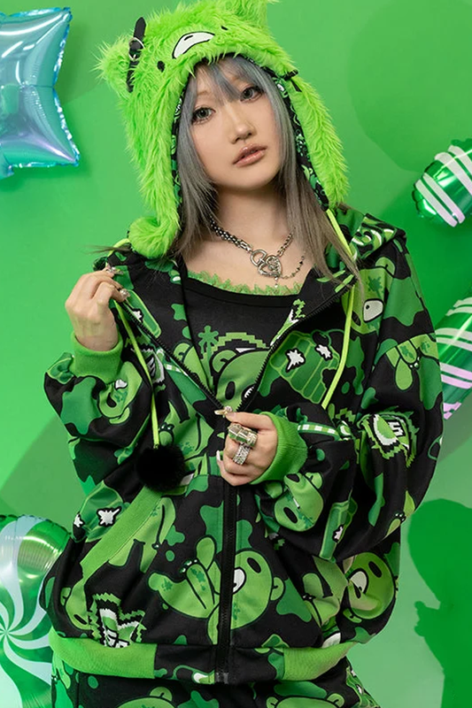 Mori Chack Gloomy Bear Oversize Green & Black Street Wear Zip Up Hoodie XL