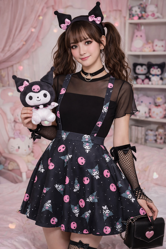 Sanrio Hello Kitty,My Melody X Kuromi Skull Suspender Skirt
