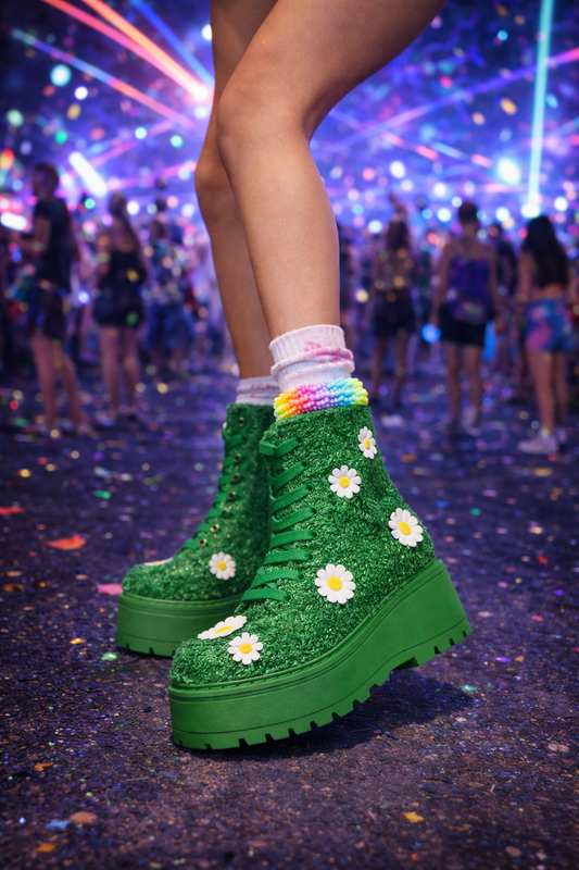 Delia's Green Grass Texture Daisy Platform Boots Zipper Lace-Up Combat Boots
