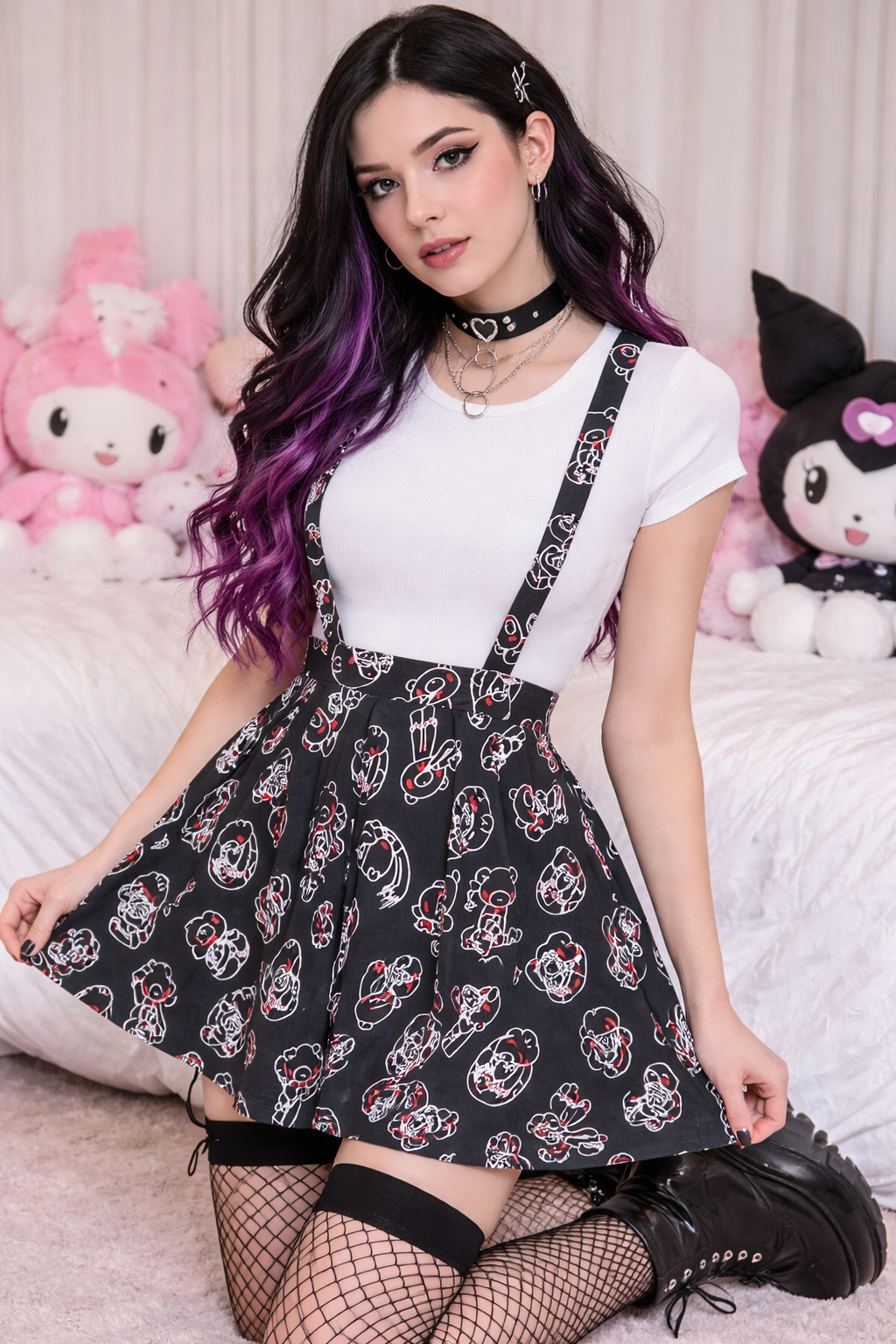Goth Emo Kawaii, Cute Gloomy Bear Black Suspender Skater Skirt