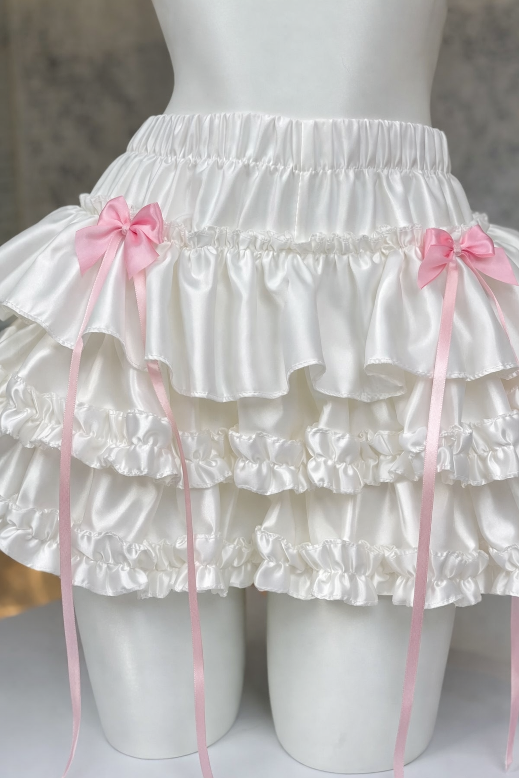 Korean K-pop Y2K White Satin Petticoat Style Layered Skirt w/ Pink Bows