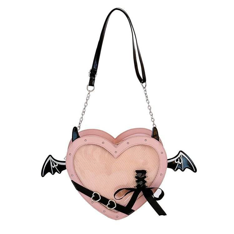 Gothic Heart Ita Bag with Bat Wings PU Leather Crossbody Purse