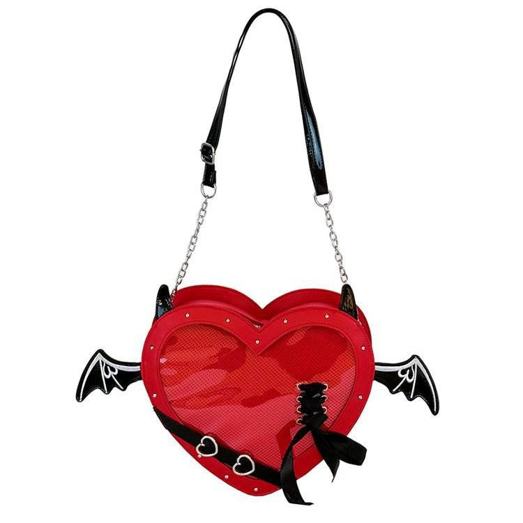 Gothic Heart Ita Bag with Bat Wings PU Leather Crossbody Purse