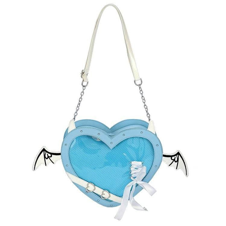 Gothic Heart Ita Bag with Bat Wings PU Leather Crossbody Purse