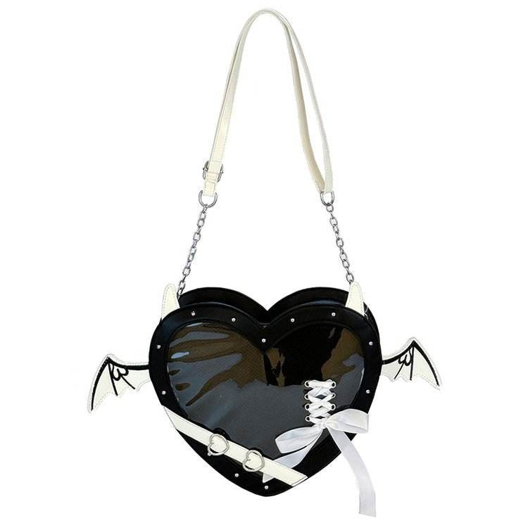 Gothic Heart Ita Bag with Bat Wings PU Leather Crossbody Purse