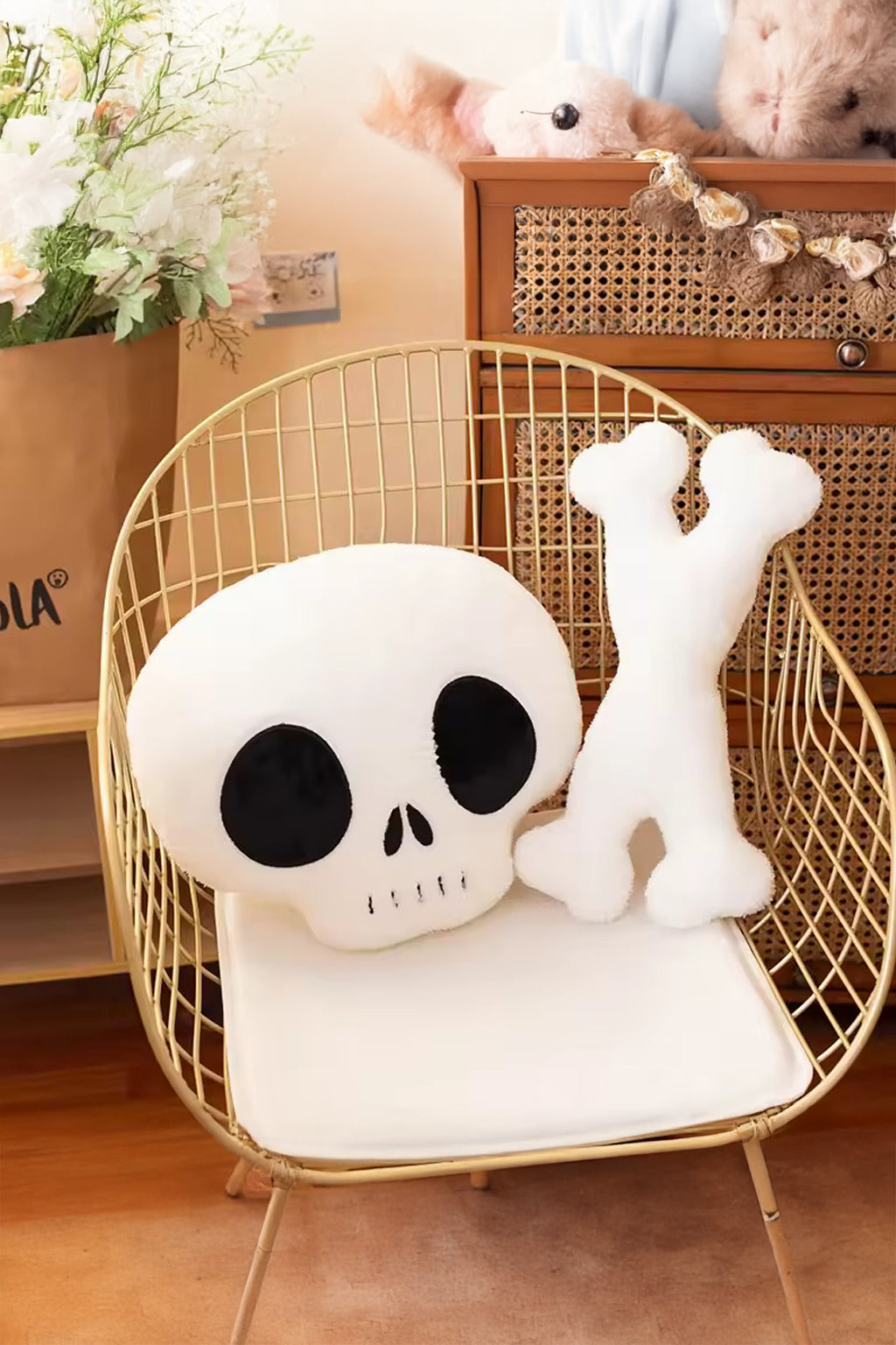 Emo Goth Kawaii Cute Skull & Bone Plush Toy, Pillow, Decoration 2 Pcs Set