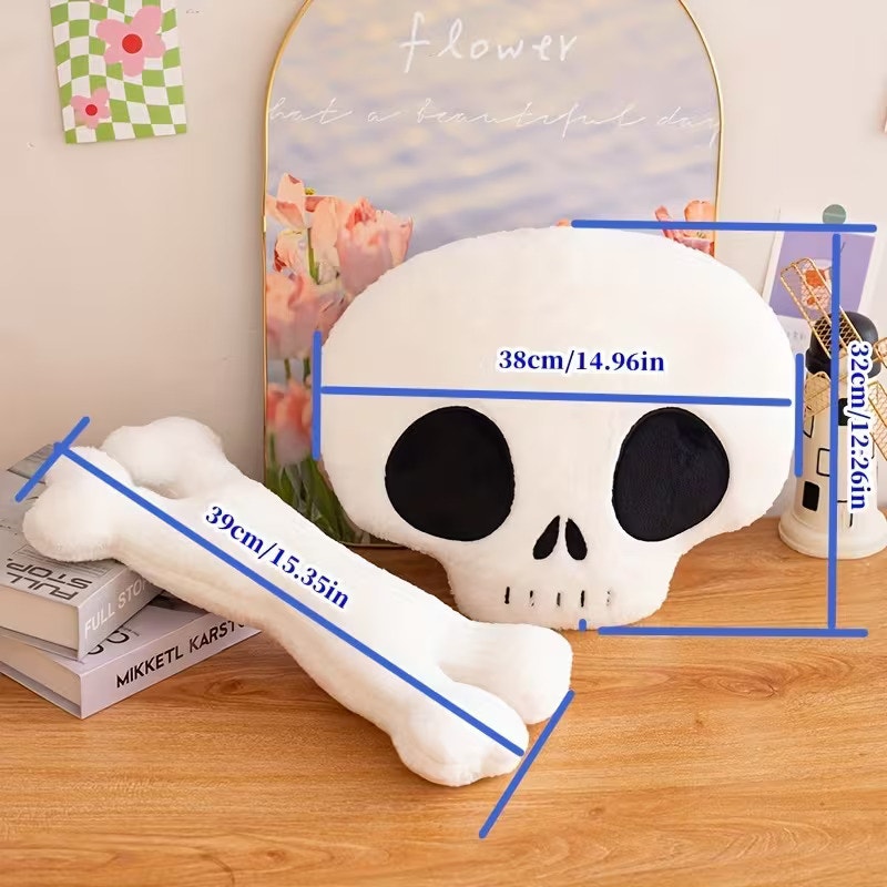 Emo Goth Kawaii Cute Skull & Bone Plush Toy, Pillow, Decoration 2 Pcs Set