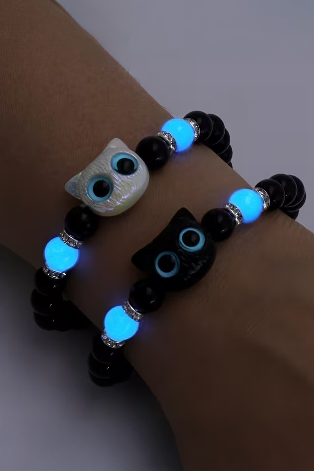 Glow-in-the-Dark Cat Couple Bracelets – Black & White Matching Beaded Set