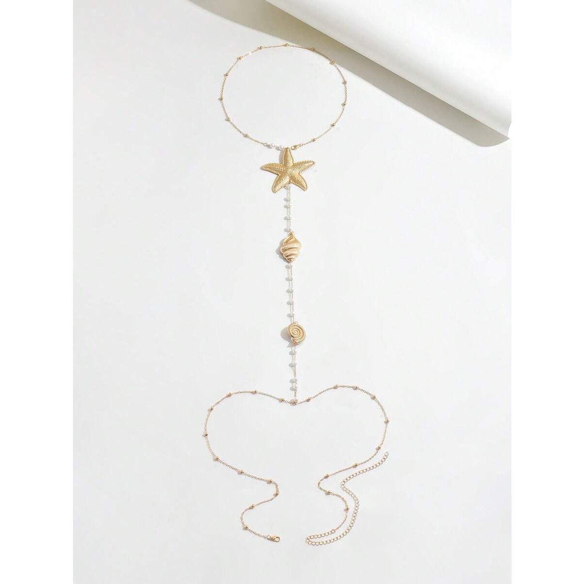 Gold Tone Starfish Seashell Pearl Body Chain Necklace Beach Jewelry