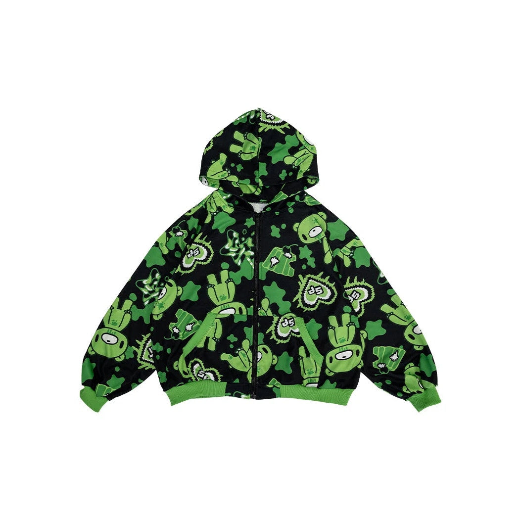 Mori Chack Gloomy Bear Oversize Green & Black Street Wear Zip Up Hoodie XL