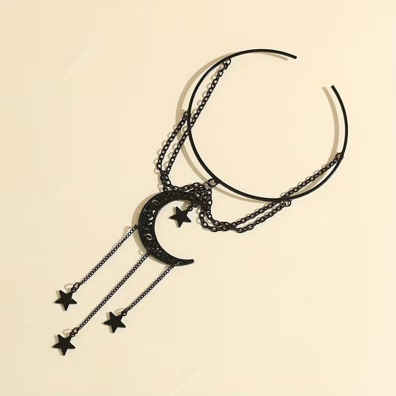 Goth Celestial Crescent Moon Black Dangling Chain Single Armlet Bracelet