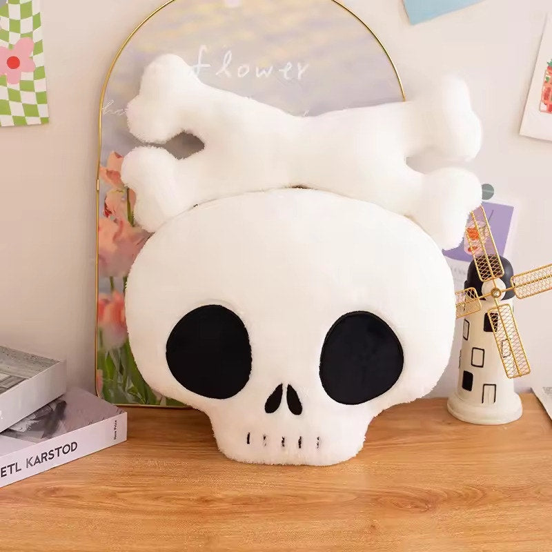 Emo Goth Kawaii Cute Skull & Bone Plush Toy, Pillow, Decoration 2 Pcs Set