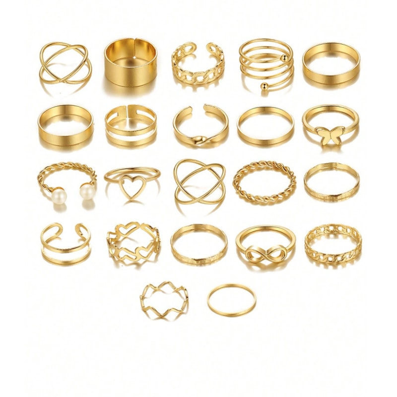 24-Piece Gold Stacking Ring Set – Mixed Sizes & Styles with Heart,Pearl,Infinity