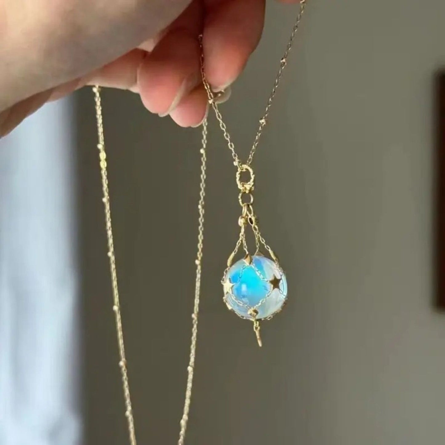 Galaxy Opal Orb Pendant Necklace – Gold Celestial Chain with Star Accents