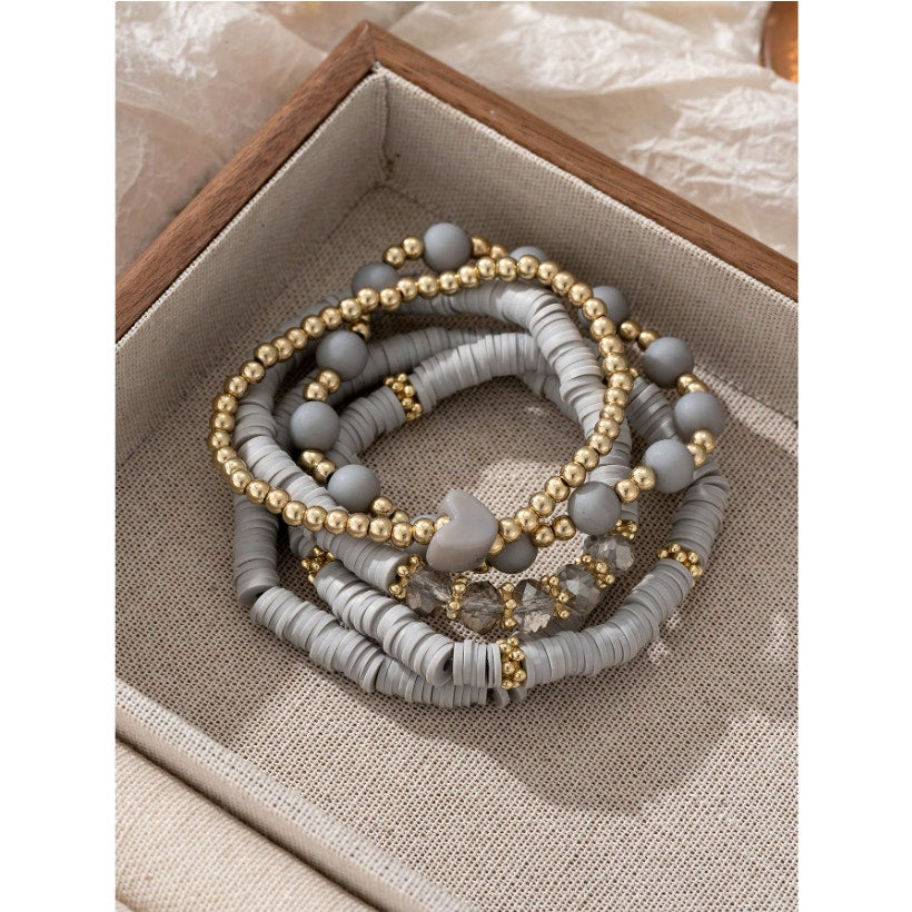 5-Piece Stackable Beaded Bracelet Set – Gray & Gold Tone with Heart Charm