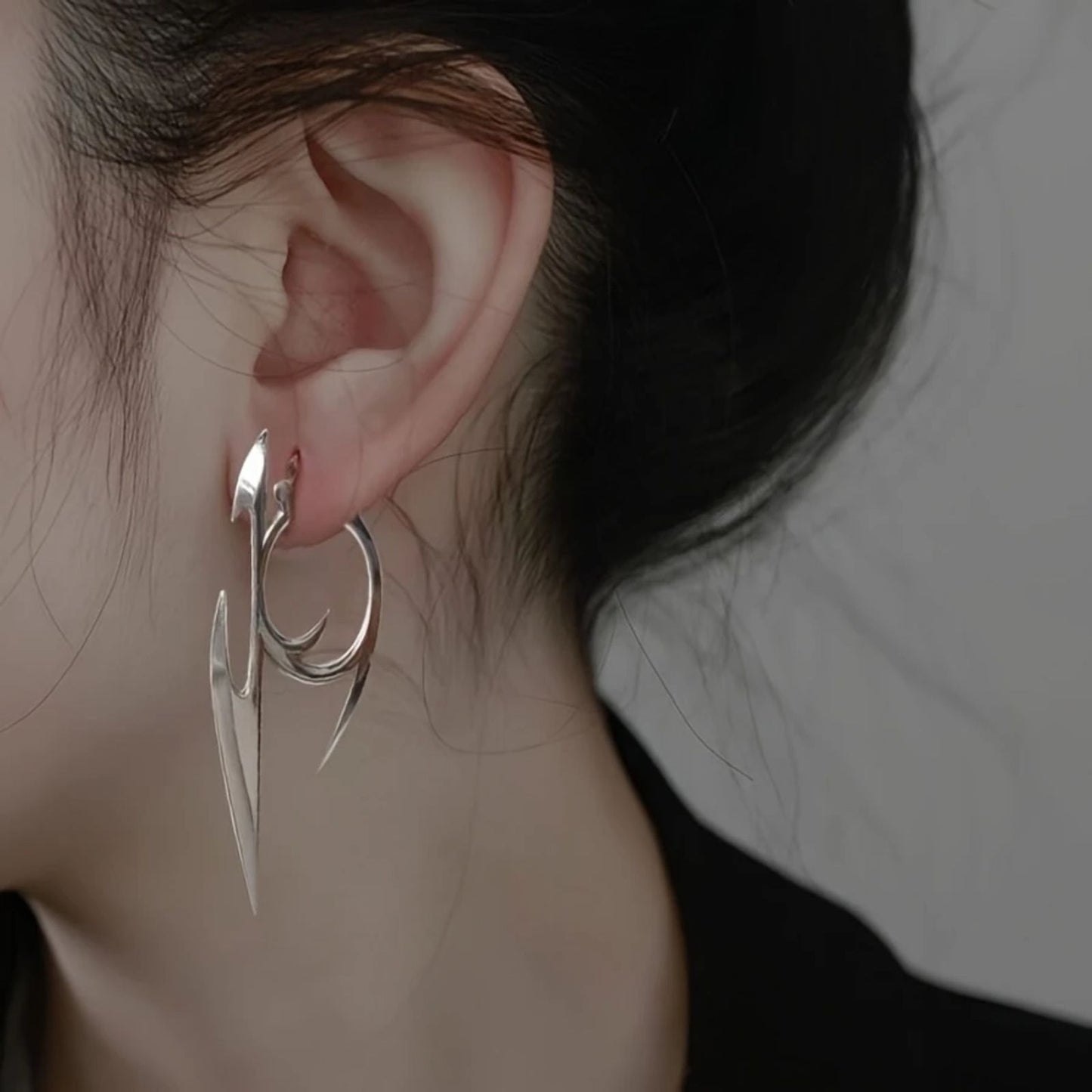 Futuristic Silver Abstract Dagger Hoop Earrings – Statement Blade Drop Earring