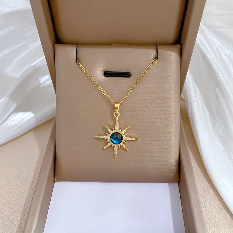 Celestial Gold & Blue Sky Stone Sunburst Star Charm Chain Pendant Necklace