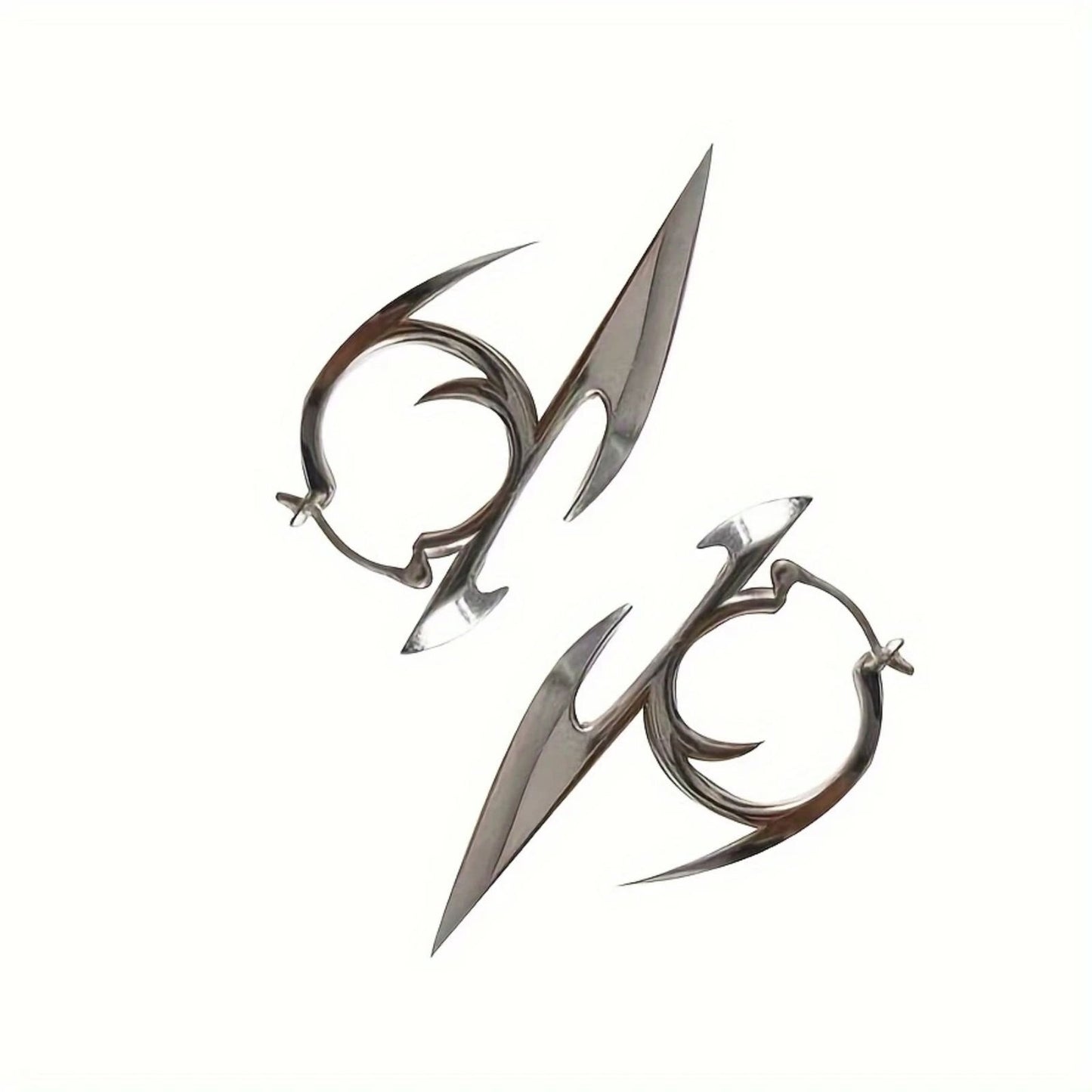 Futuristic Silver Abstract Dagger Hoop Earrings – Statement Blade Drop Earring