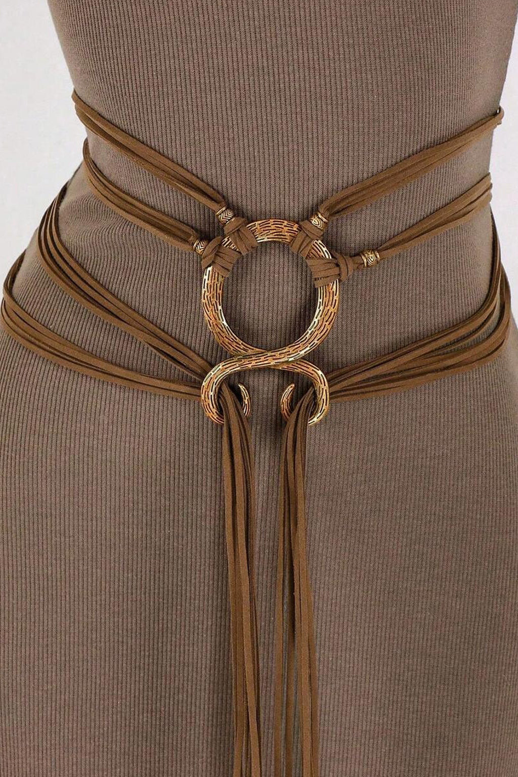 Boho Chic Multi-Strap Waist Fashion Wrap Belt w/ Gold Ring Accents