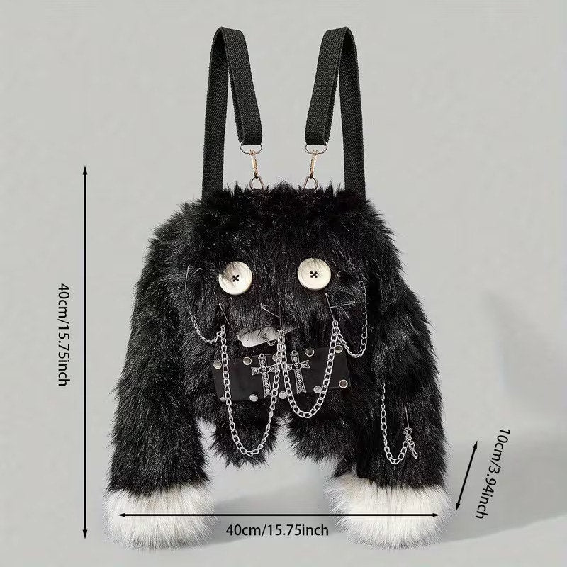 Goth Emo Punk Alt Black Fuzzy Rabbit Mini Backpack Crossbody Convertible Purse