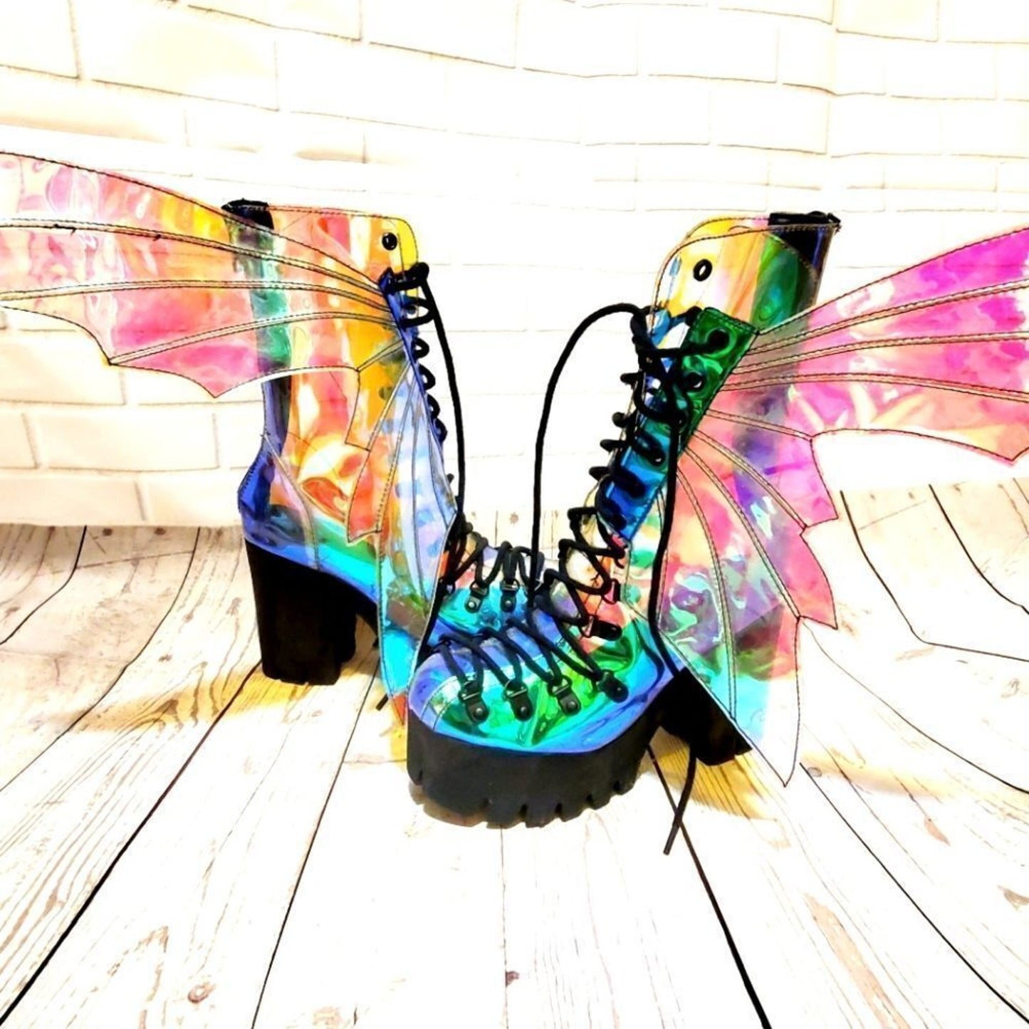 Club Exx Butterfly Fairy Wings Holo Irredescient Platform Boots