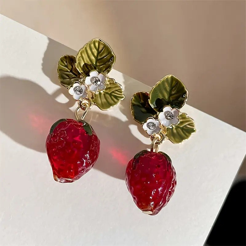 Strawberry Drop Earrings – Cute Enamel Fruit Earrings with Leaf