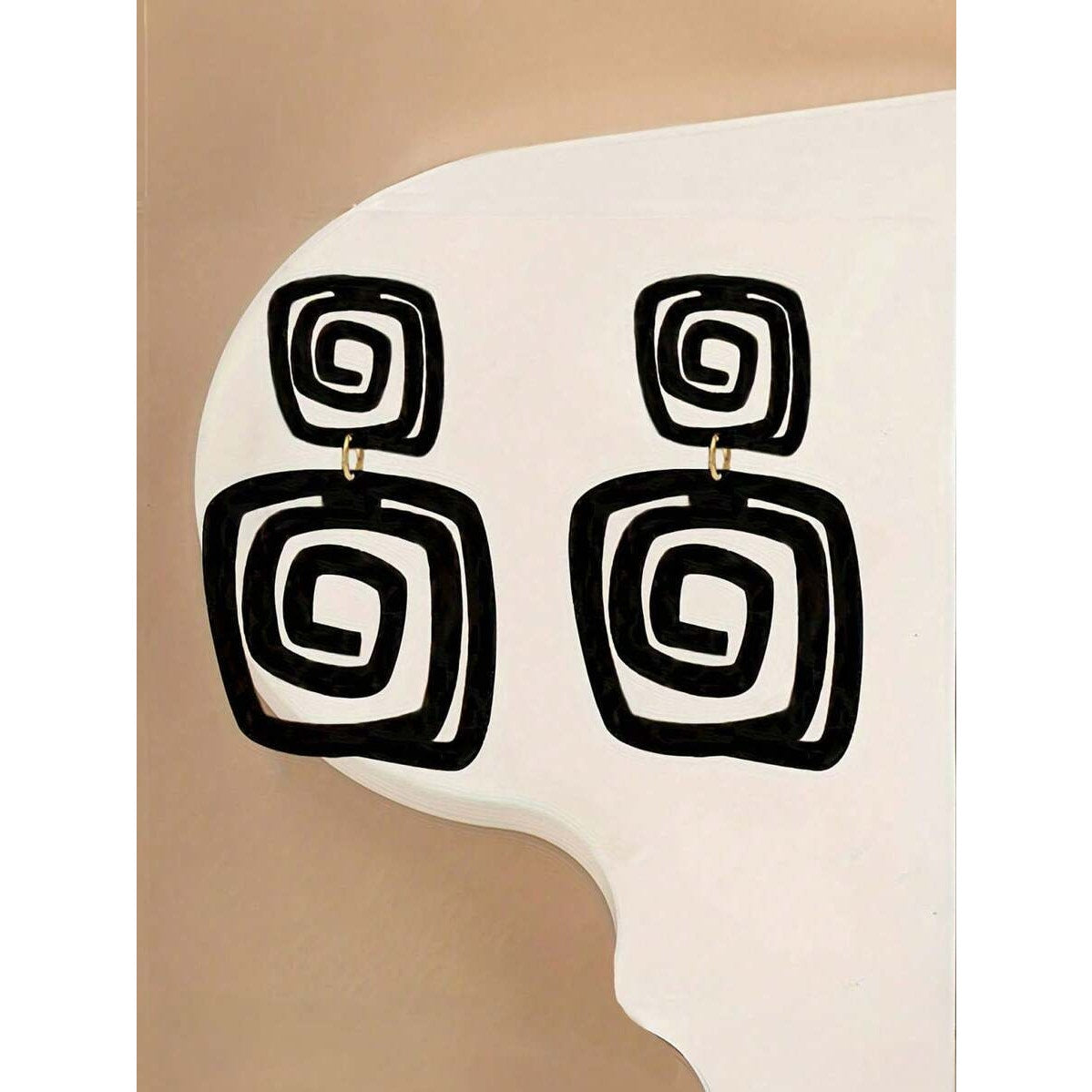 Black Geometric Spiral Drop Earring Bold Statement Square Dangle Fashion Jewelry