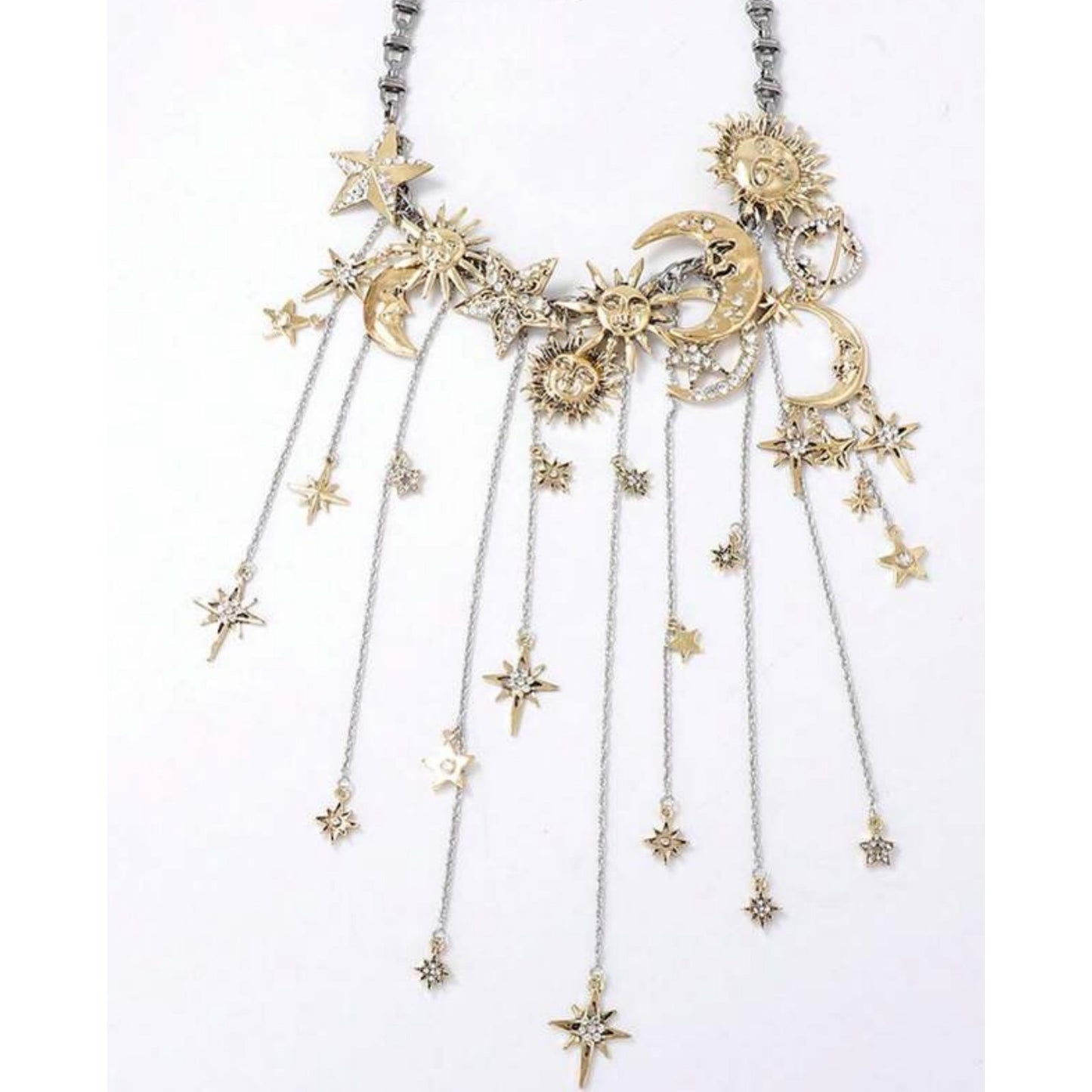Mystic Celestial Sun Moon Star Silver/Gold Tone Large Statement Necklace