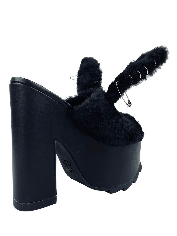 YRU Goth Emo Cute Fuzzy Bunny Safety Pin Platform Sandals - Black