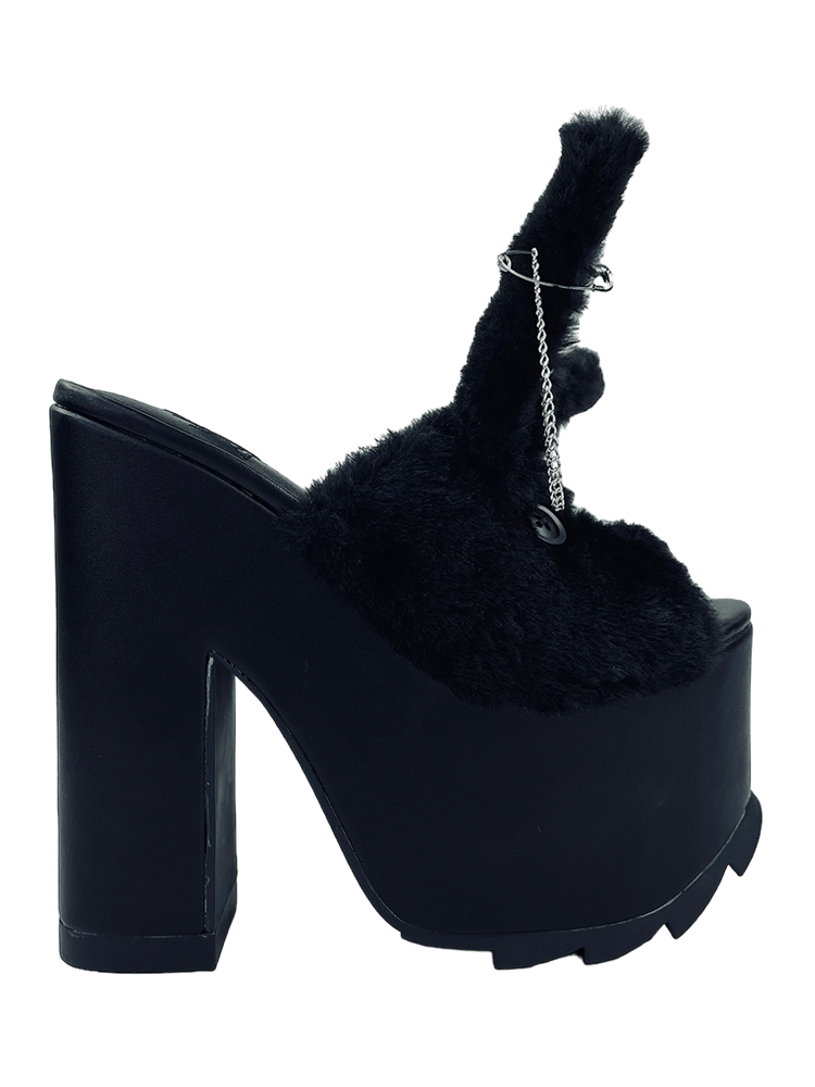 YRU Goth Emo Cute Fuzzy Bunny Safety Pin Platform Sandals - Black