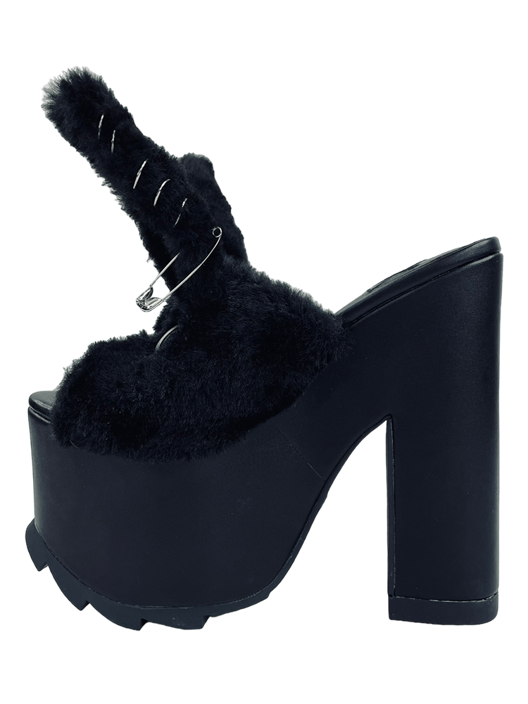 YRU Goth Emo Cute Fuzzy Bunny Safety Pin Platform Sandals - Black