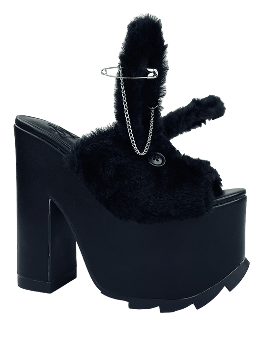 YRU Goth Emo Cute Fuzzy Bunny Safety Pin Platform Sandals - Black