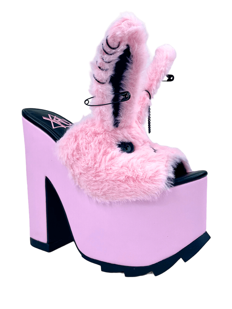 YRU Emo Fuzzy Cute Bunny Safety Pin Platform Sandals - Pink/Black