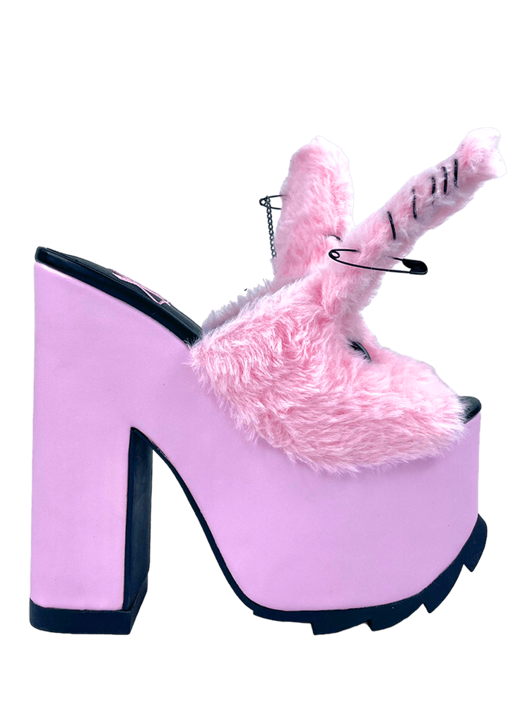 YRU Emo Fuzzy Cute Bunny Safety Pin Platform Sandals - Pink/Black