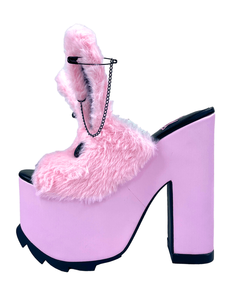 YRU Emo Fuzzy Cute Bunny Safety Pin Platform Sandals - Pink/Black