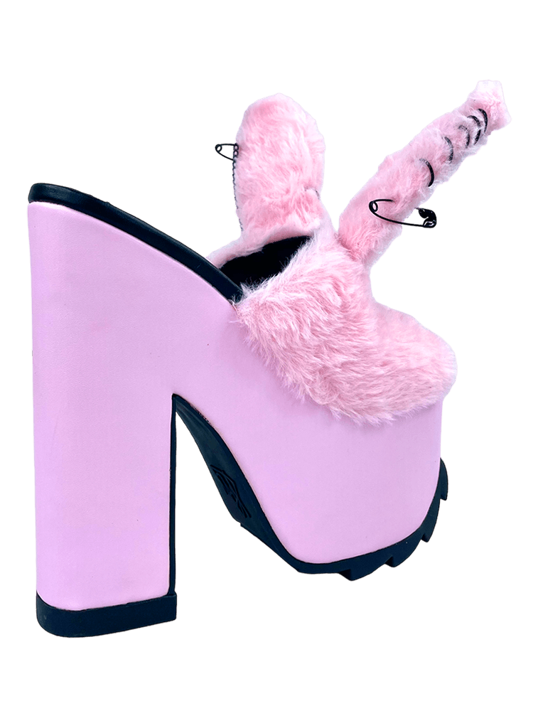 YRU Emo Fuzzy Cute Bunny Safety Pin Platform Sandals - Pink/Black